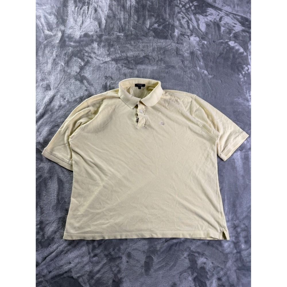 Burberry London Men XL Polo Shirt Pale Yellow Pique Cotton Nova Check Trim Logo